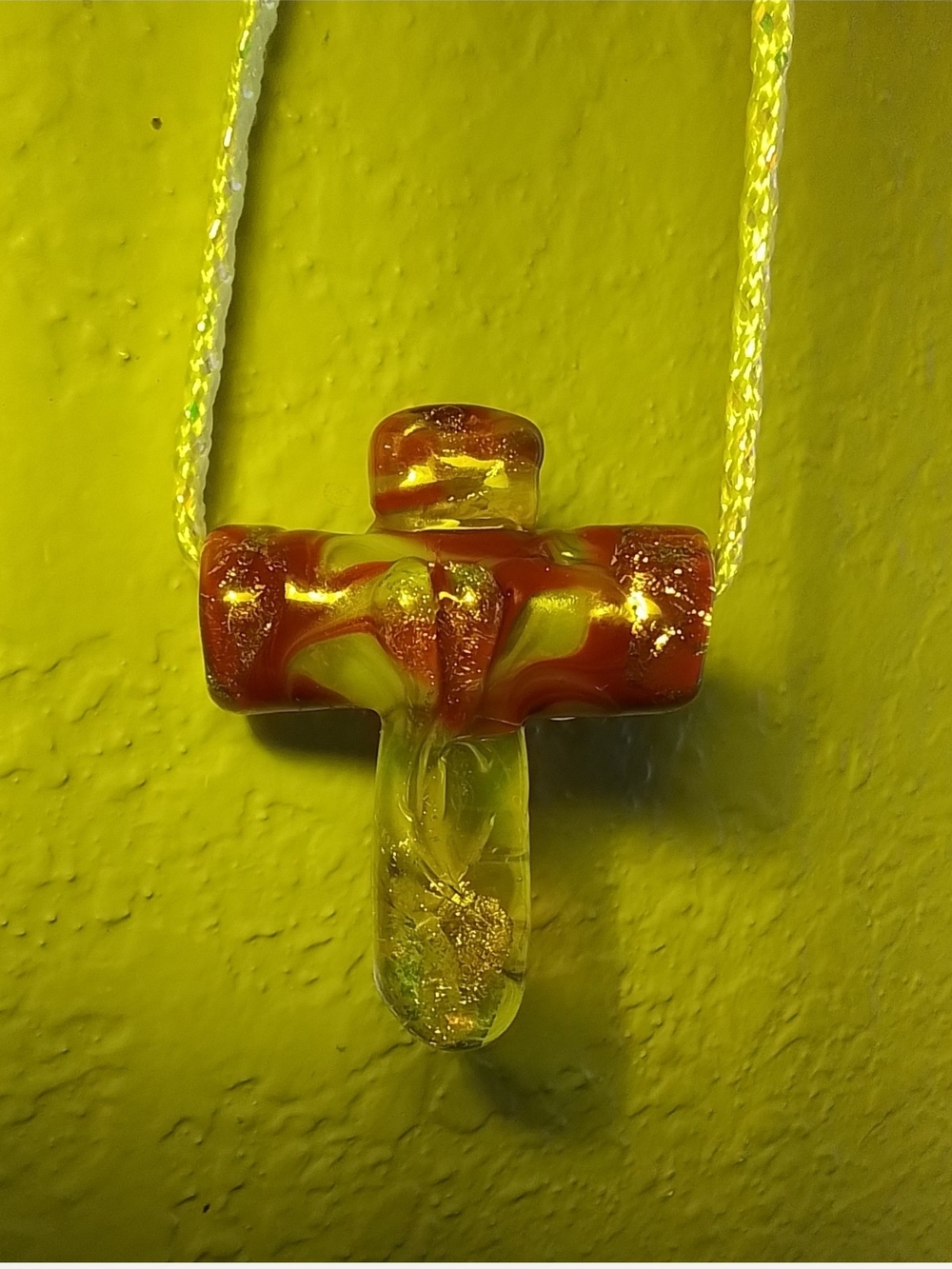 Handmade Red and Yellow Glass Cross Pendant Necklace
